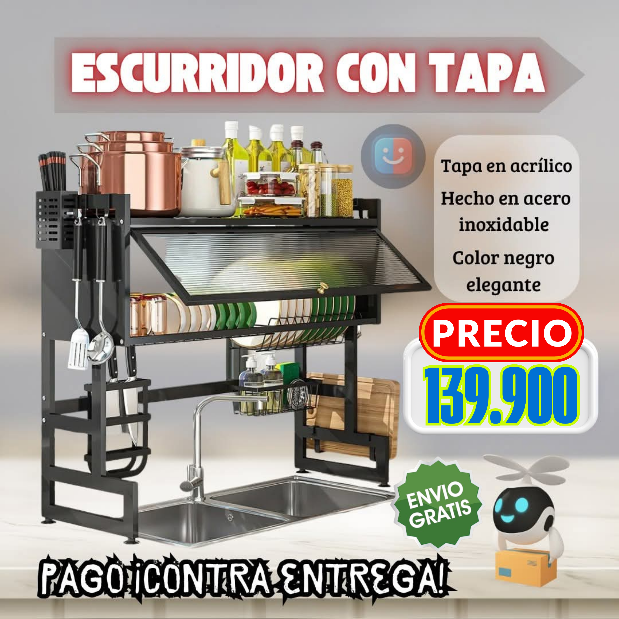 🌟 Escurridor CON TAPA 65 cm de ancho